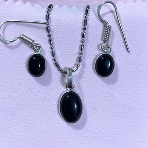 NEW GORGEOUS GENUINE NATURAL BLACK ONYX GEMSTONE STERLING SILVER NECKLACE SET
